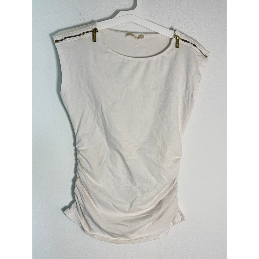 Michael Michael Kors Cream Ruched Sleeveless Top‎ Gold Shoulder Zippers Medium